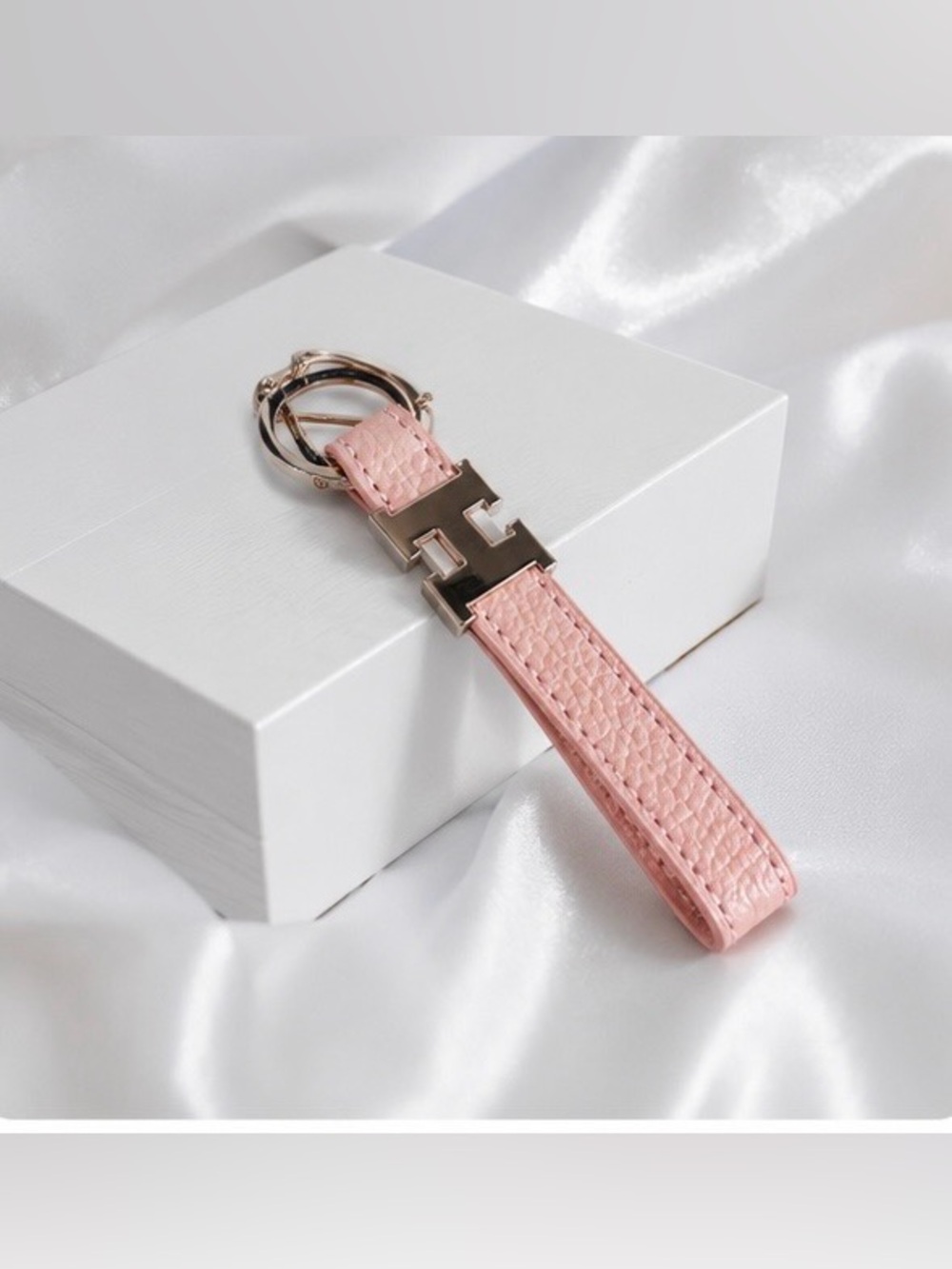 Pink Leather Strap Keychain with Metal Accent